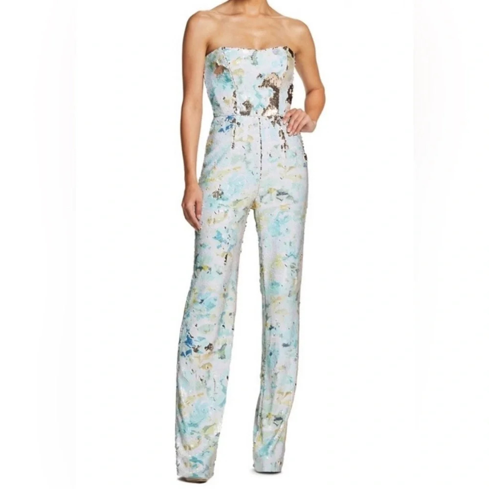 Dress the Population Strapless Watercolor-Print Jumpsuit in Light Blue & Mint